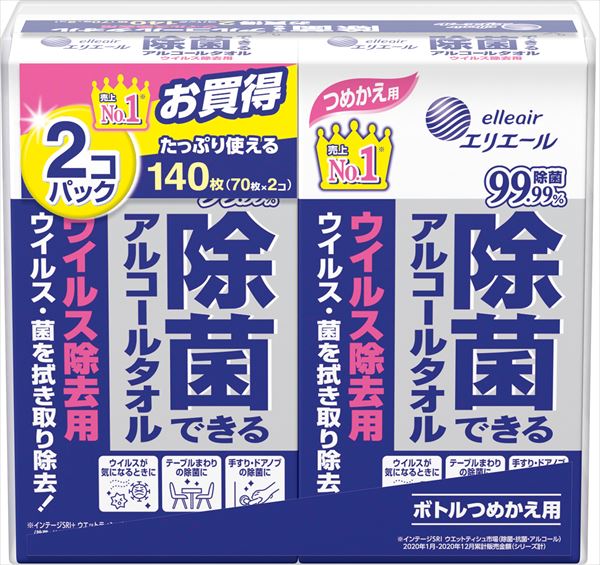 エリエール除菌できるアルコールタオルウイルス除去用つめかえ用70枚×2個 【 大王製紙 】